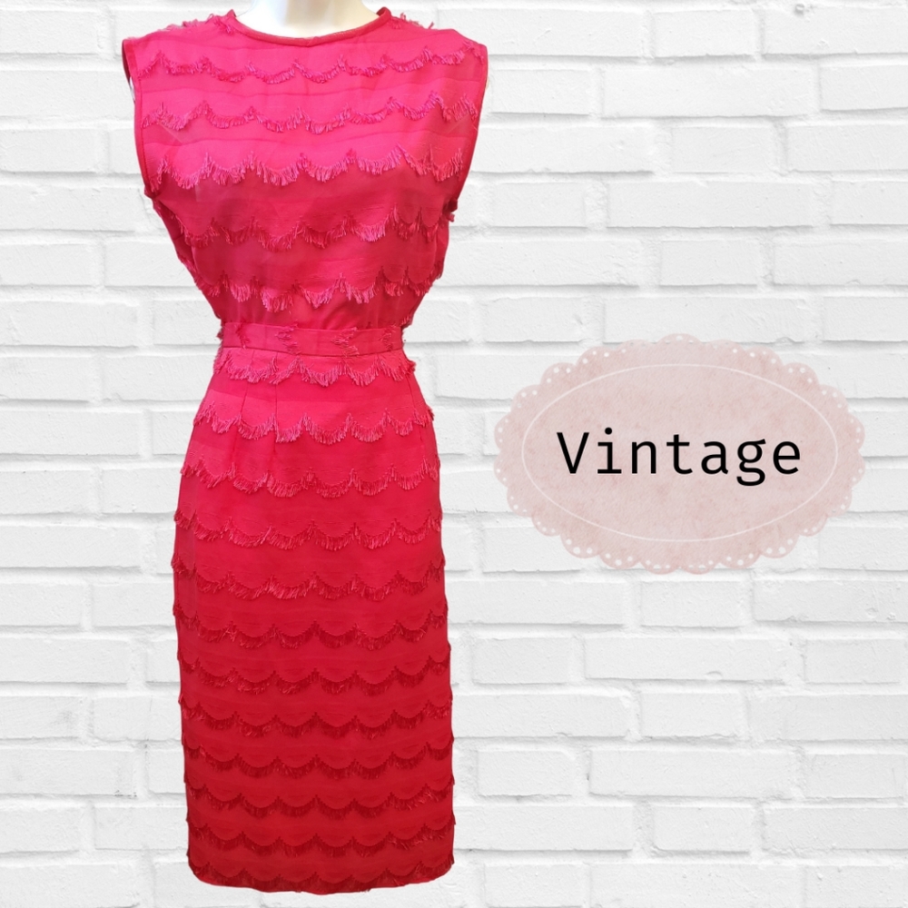 60s Vintage Hand Sewn Red Eyelash Fringe 2 Piece Pencil Skirt Suit